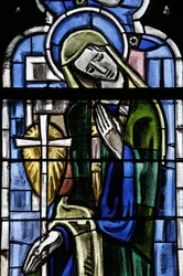 Poissy kollegiala kyrka. Fönster i målat glas. Saint Margaret of Antioch, Poissy, Frankrike