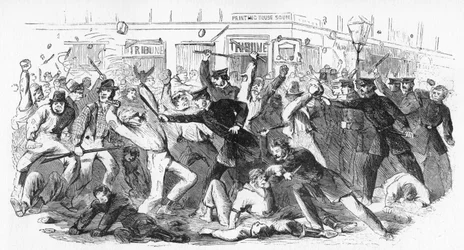 Polisen åtalar upprorsmakare på The Tribune Office, c1860-talet