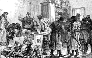 Polis upptäcker en nihilisttryckpress, St Petersburg, Ryssland, 1887