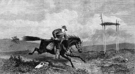 Pony Express-ryttare som korsar fientligt land förföljt av indianer, 1861