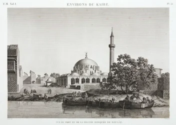 Hamnen och stora moskén i Boulaq, Kairo, Egypten, ca 1798