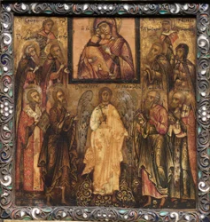 Bärbar triptykikon: Tillbedjan av den mirakelverkande ikonen för Vladimir Guds moder, 1600-talet.