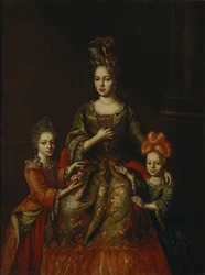 Porträtt av Anastasiya Yakovlevna Naryshkina med barn Alexandra Kirillovna och Tatyana Kirillovna, tidigt 1700-tal.