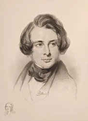 Porträtt av Charles Dickens. Skiss över Dickens syster Fanny, längst ner till vänster, 1842.