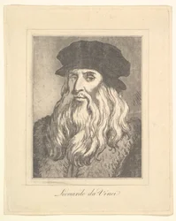 Porträtt av Leonardo da Vinci från Characaturas av Leonardo da Vinci, från Ritningar av Wi..., 1786.