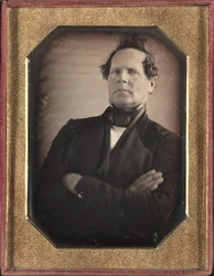 Porträtt av man som lutar sig bort från kameran, sent 1840-tal.
