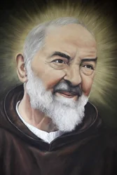 Porträtt av Padre Pio i Apulien, Alberobello, Italien