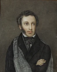 Porträtt av poeten Alexander Sergeyevich Pushkin 1799-1837, första kvartalet av 1800-talet.