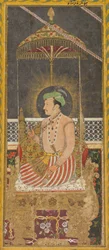 Postumt porträtt av kejsar Jahangir under en baldakin recto, kalligrafi verso, ca. 1650.