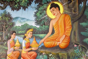 Preah Prom Rath MonasteryLife of the BuddhaThe Renunciation En morgon erbjöd en flicka vid namn Sujata Siddhartha lite läcker mjölk-risgröt, Siem Reap, Kambodja