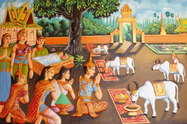Preah Prom Rath Monastery Life of the BuddhaDen unga Siddhartha Gautama och hans mor under en bondefestival, Siem Reap, Kambodja