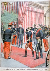 Prins Kotohito Kan anlände till Élysée-palatset, Paris, 1900