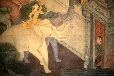 Prins Rama. Väggdetalj på innerväggarna i Vihara från kung Rama III:s era föreställande Ramakien. Wat Pho - Wat Phra Chetuphon. 1788. Bangkok. Thailand
