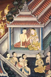Prins Rama och Sita. Väggdetalj på innerväggarna i Vihara från kung Rama III:s era föreställande Ramakien. Wat Pho - Wat Phra Chetuphon. 1788. Bangkok. Thailand