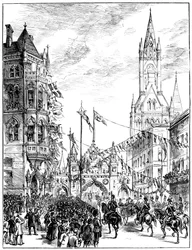 Procession närmar sig rådhuset, Manchester, 1887