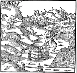 Att producera salt genom att indunsta naturlig saltlake genom att hälla den i en grop med brinnande kol, 1556