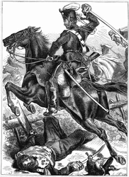Preussisk husar som anfaller med draget svärd, fransk-preussiska kriget 1870-1871