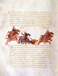 Förföljelse av Sviatoslavs krigare av den bysantinska armén Miniature från Madrid Skylitzes, 11:e-1