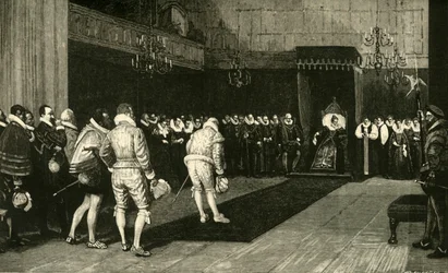 Drottning Elizabeth tar emot de franska ambassadörerna efter massakern i St. Bartholomew, 1890.