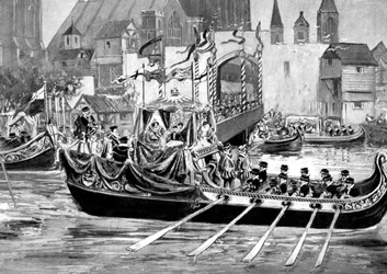 Drottning Elisabets kröningsprocession på floden, London, 1558, cirka 1905