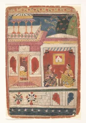 Radha och hennes förtrogna sitter i ett öppet rum: Sida från en dispersed Rasikapriya, ca. 1680-90.