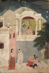 Radha och Krishna sittande på en balkong, ca. 1760.