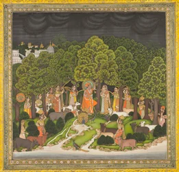 Radha och Krishna möts i skogen under en storm, ca. 1770.