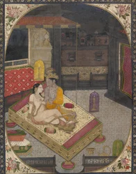 Radha och Krishna på en säng på natten, ca. 1830.