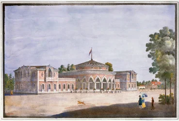 Järnvägsstation och fransk restaurang i Catharinhof, St Petersburg, Ryssland, 1800-talet