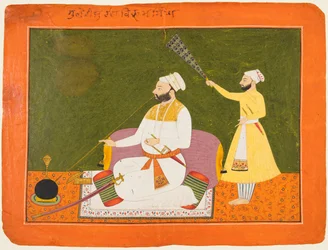 Raja Bikram Singh av Guler regerade 1661-85 Rökning, omkring 1680.