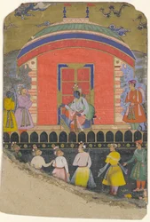 Rama tar emot Sugriva och Jambavat, Monkey and Bear Kings, Folio från..., ca. 1605.