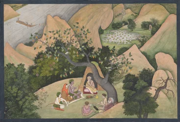 Rama, Sita och Lakshmana vid Eremitaget i Bharadvaja: Illustrerad folio från..., ca. 1780.