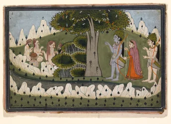 Rama, Sita och Laksmana i ett landskap med asketer, c1830