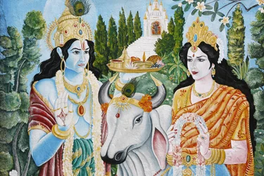 Rama, Sita och den heliga kon. Rama är Vishnus 7:e reinkarnation. Pashupatinath, Katmandu, Nepal