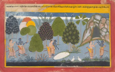 Rama och Lakshmana söker förgäves efter Sita: Illustrerad folio..., ca. 1680-90.