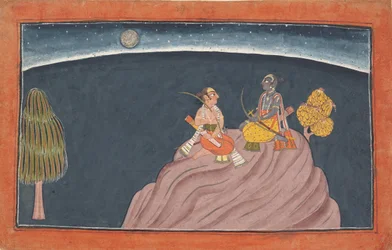Rama och Lakshmana på berget Pavarasana: Folio från Shangri Ramayana-serien..., c1690-1710.