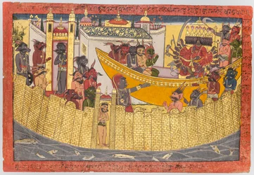 Ravanas syster klagar över att hennes näsa skars av Lakshmana som demonerna..., 1690-1710.