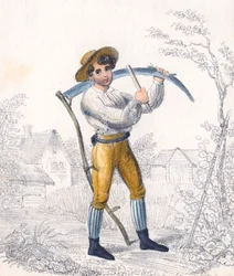 Reaperhaymaker vässar sin lie med bryne, 1800-talet