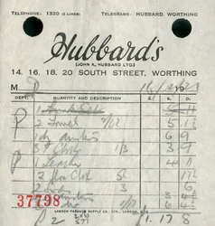 Kvitto från Hubbards varuhus, 1921.