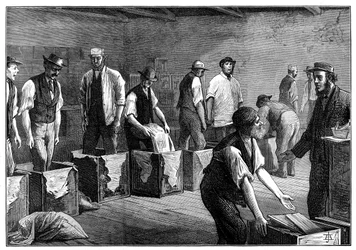 Påfyllning av kistor i ett telager, 1874