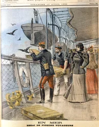 Frisläppande av fransk armé som målduvor ombord på det transatlantiska linjefartyget La Bretagne, 1898