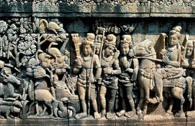 Relief som visar scen från en sutra, Barabudur, Java, c750-850