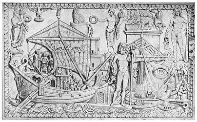 Relief som visar den romerska fyren vid Ostia, hamn i Rom, Italien, 1956