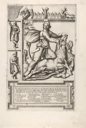 Relief med Mithras som knäböjer på en tjur och driver ett svärd i dess axel, till vänster två..., 1564.