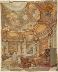 Återgivning av Grand Gallery of Honor, Palazzo Paz, Buenos Aires, Argentina, ca. 1890