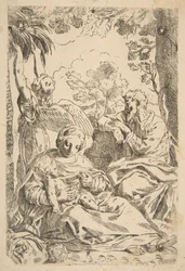 Vila i Egypten, den heliga familjen sitter medan en ängel drar i trädgrenen..., ca. 1637-1639 eller senare.