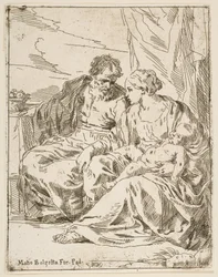 Vila på flykten till Egypten, Maria håller spädbarnet Kristus medan St ..., ca. 1637-1639 eller senare.