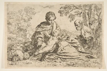 Vila på flyget till Egypten, Maria håller spädbarnet Kristus med St. Josef ..., ca 1640 eller senare.