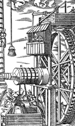 Vändbar hiss för att lyfta upp läderhinkar från ett gruvschakt, 1556