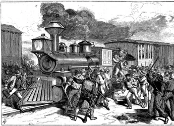 Upplopp av järnvägsarbetare i Martinsburg på Baltimore-Ohio Railroad, USA, 1877